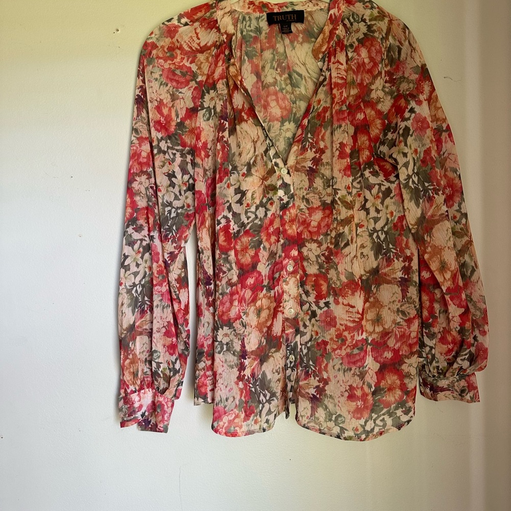 Truth Red and Cream Floral Long Sleeve Blouse Top